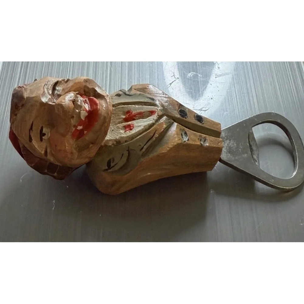 Vintage Hand-Carved Wooden Figural Bottle Opener Whimsical Man European Folk Art